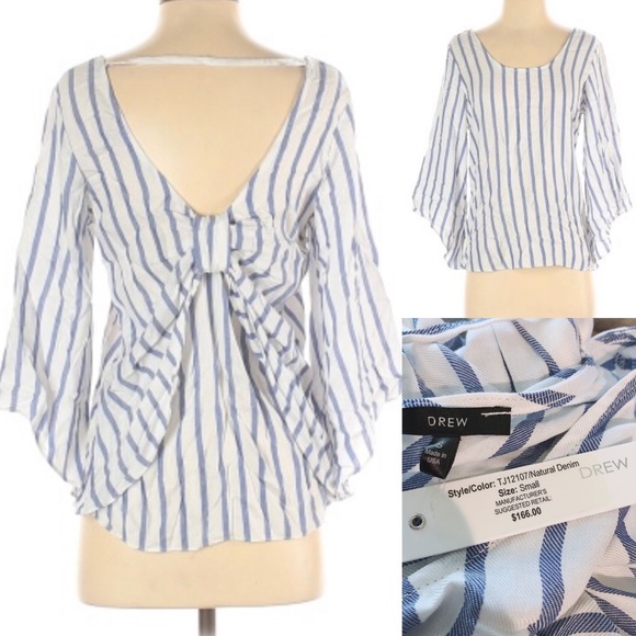 DREW Anthropologie Top w/Bow at Back in White/Denim Size S New w/Tag Retail $166 - Picture 11 of 12